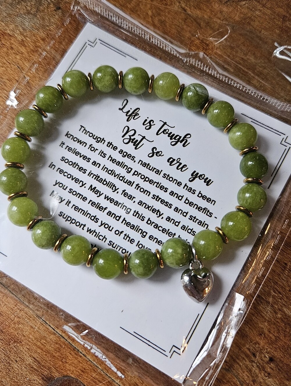 Inspirational Green Gemstone Bracelet with Heart Charm Self Care & Encouragement